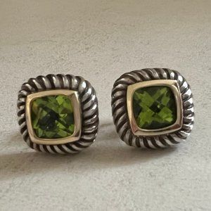 DAVID YURMAN Green Peridot Square Cushion Cable Silver & 14K Gold Earrings